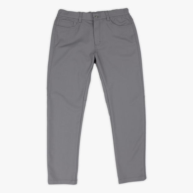 Ace Pant Grey front with elastic waistband, metal button, zippered fly, and five pocket style