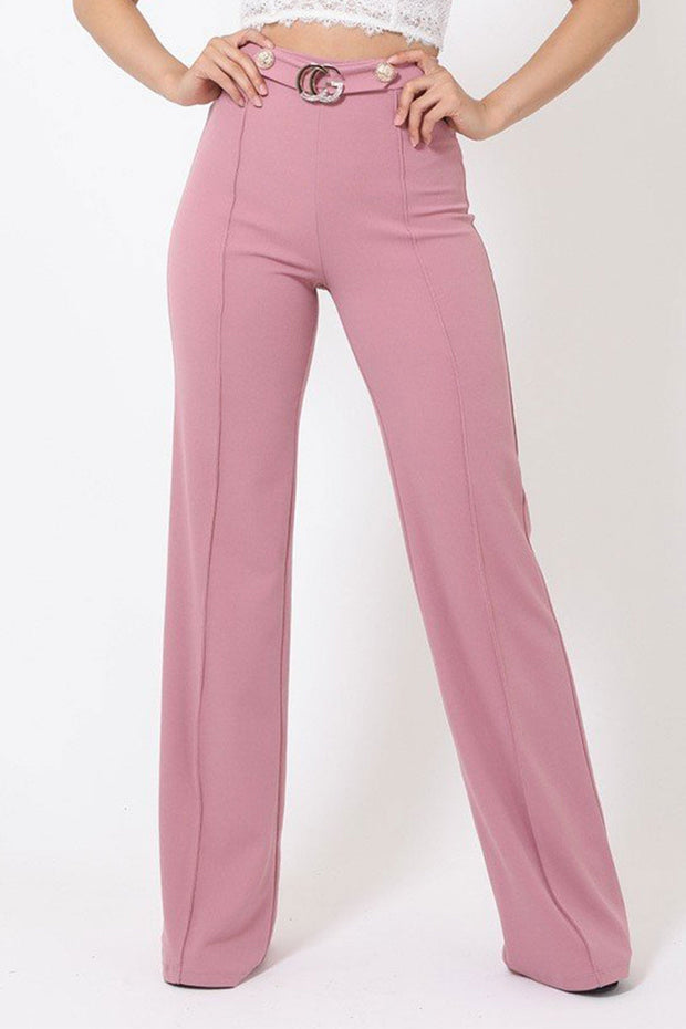 Gael Rhinestone G Buckle and Button Detail High Waist Pants in Mauve - MY SEXY STYLES