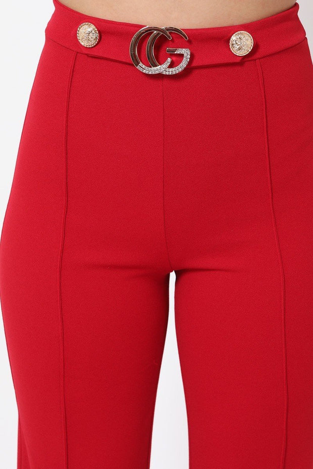 Gael Rhinestone G Buckle and Button Detail High Waist Pants in Mauve - MY SEXY STYLES