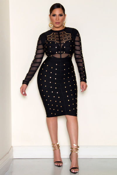 Gracie Studded Long Sleeves Mesh Bandage Dress - MY SEXY STYLES