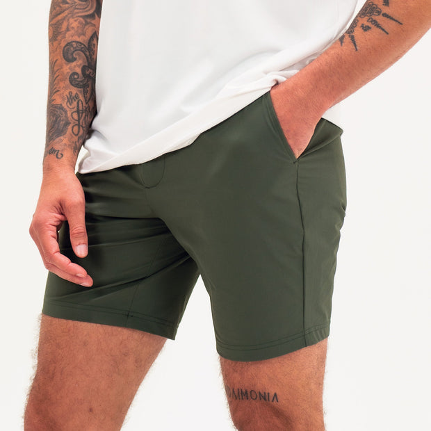 Tour Short 7" Dark Olive side on model with two front seam pockets