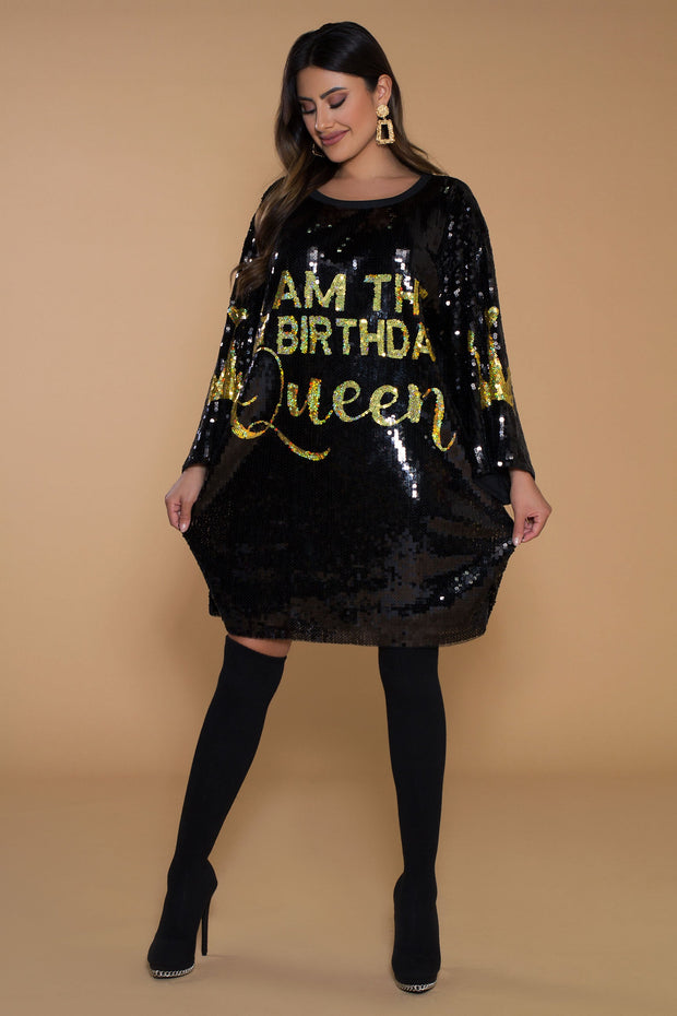 I Am The Birthday Queen Sequins Shirt Dress - MY SEXY STYLES