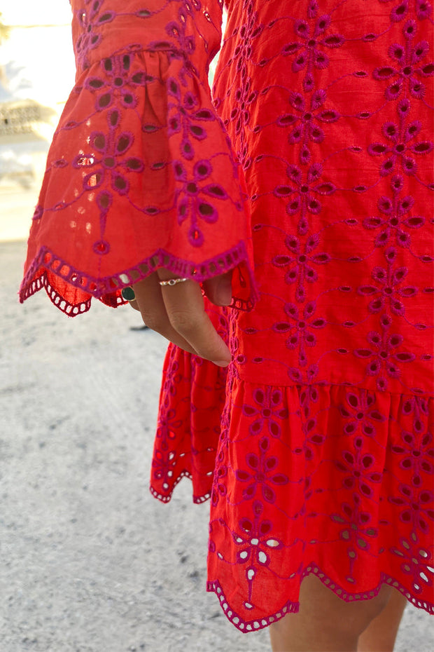 Pink And Red Broderie Sisi Mini Dress