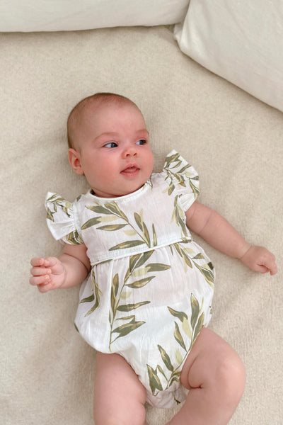 Baby Girls Romper - Washed Cotton - Olive Leaf