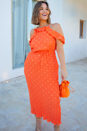 Orange Plisse Dress with Gold Fleck
