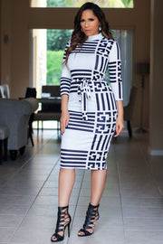 Kaia Black White Geometric Print Quarter Sleeves Bodycon Dress - MY SEXY STYLES