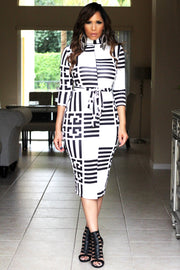 Kaia Black White Geometric Print Quarter Sleeves Bodycon Dress - MY SEXY STYLES