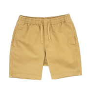 Alto Short 7" inseam in Khaki front with elastic waistband, fabric drawstring, faux fly, and two front side seam pockets