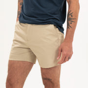 Tour Short 5.5" Khaki side on model with zipper fly, and two front seam pockets