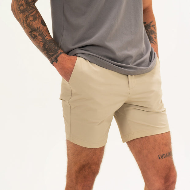 Tour Short 7" Khaki side on model with zipper fly and two front seam pockets