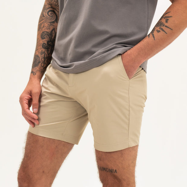 Tour Short 7" Khaki side on model photo 2 with zipper fly and two front seam pockets
