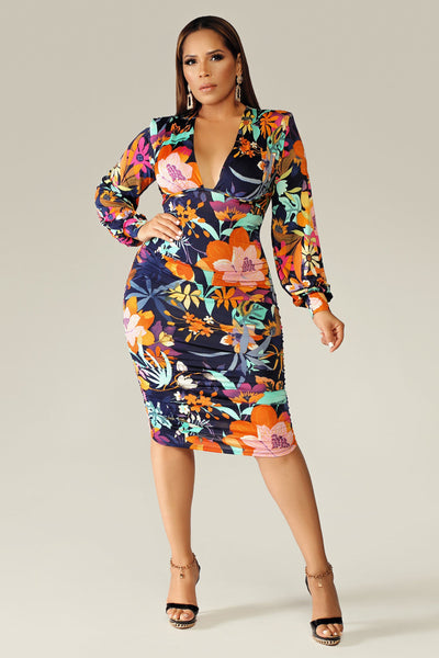 Kyla Floral Print Ruched Midi Dress - MY SEXY STYLES