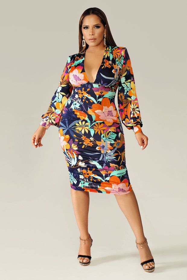 Kyla Floral Print Ruched Midi Dress - MY SEXY STYLES