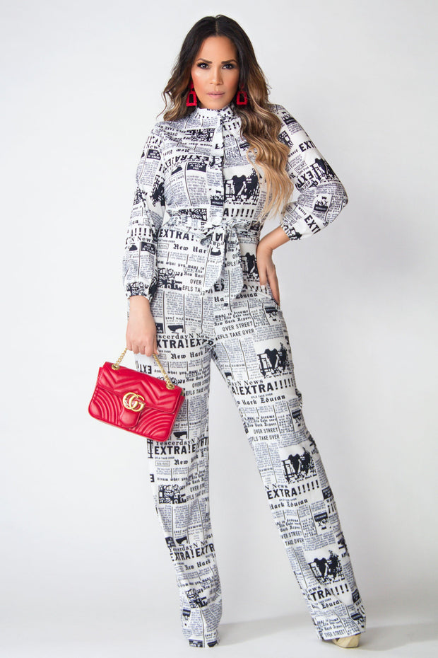 Lauren Newspaper Print Tall Belted Jumpsuit - MY SEXY STYLES