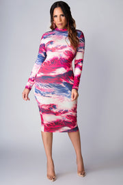 Lia Mock Neck Long Sleeves Watercolor Print Midi Dress - MY SEXY STYLES