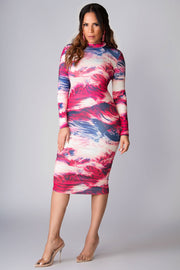 Lia Mock Neck Long Sleeves Watercolor Print Midi Dress - MY SEXY STYLES