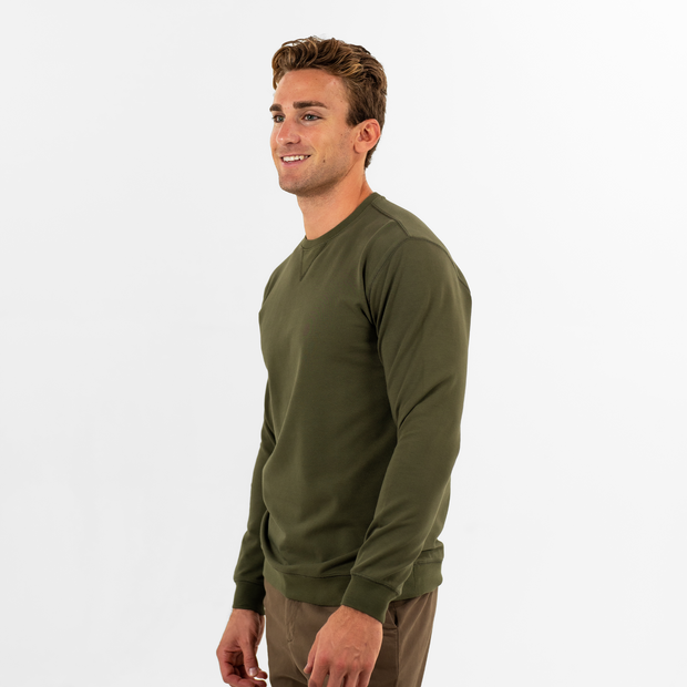 Loft Crewneck Dark Olive side on model