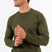 Loft Crewneck Dark Olive on model close up of ribbed cuff