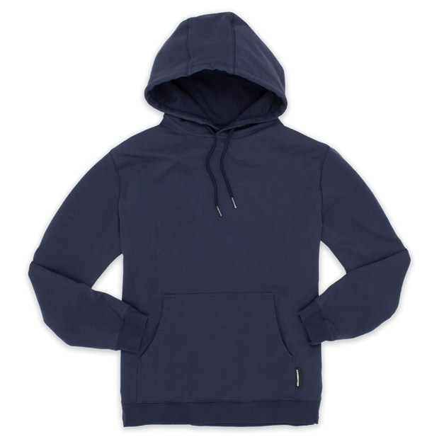 Front of Loft Hoodie Navy with drawstrings with metal tips, kangaroo pocket, and ribbed wrists