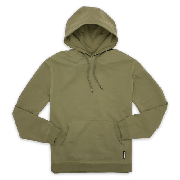 Front of Loft Hoodie Olive green with drawstrings with metal tips, kangaroo pocket, and ribbed wrists