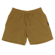Loft Short 5.5" Camel front with elastic waistband, fabric drawstring with metal tips, and two inseam pockets