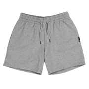Loft Short 5.5" Heather Grey front with elastic waistband, fabric drawstring with metal tips, and two inseam pockets