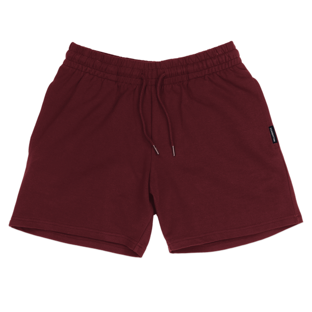 Loft Short 5.5" Maroon front with elastic waistband, fabric drawstring with metal tips, and two inseam pockets