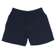 Loft Short 5.5" Navy front with elastic waistband, fabric drawstring with metal tips, and two inseam pockets