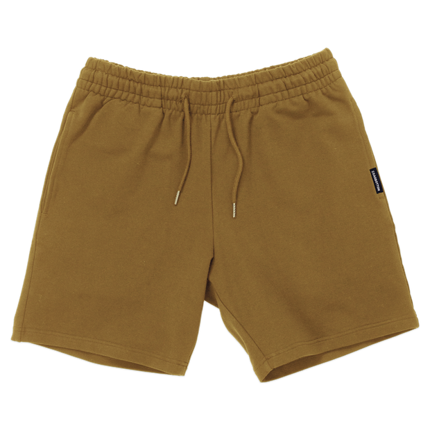 Loft Short 7" Camel front with elastic waistband, fabric drawstring with metal tips, and two inseam pockets