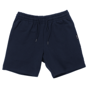 Loft Short 7" Navy  front with elastic waistband, fabric drawstring with metal tips, and two inseam pockets