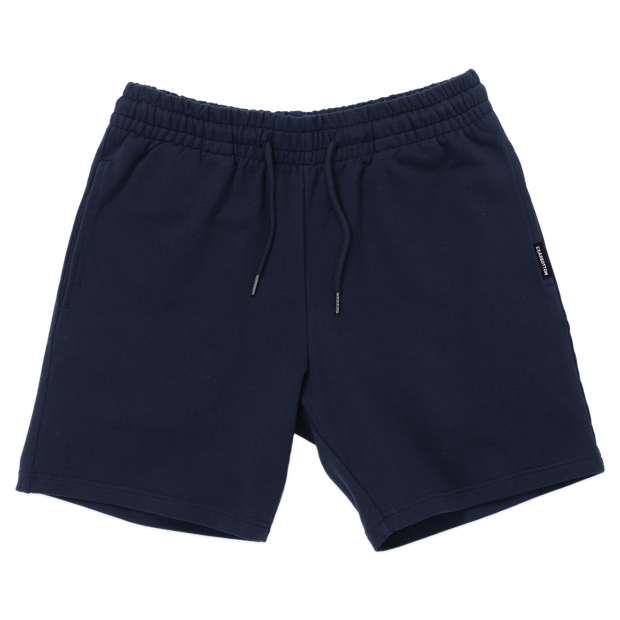 Loft Short 7" Navy  front with elastic waistband, fabric drawstring with metal tips, and two inseam pockets