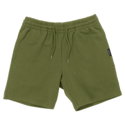 Loft Short 7" Olive front with elastic waistband, fabric drawstring with metal tips, and two inseam pockets