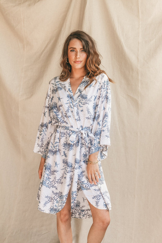 Short Kimono Robe - Summer Toile - Aegean Blue