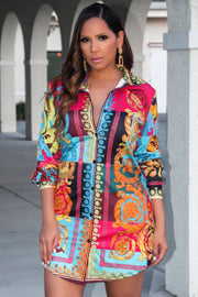 Maia Button Down Retro Print Colorful Long Sleeve Shirt Dress - MY SEXY STYLES