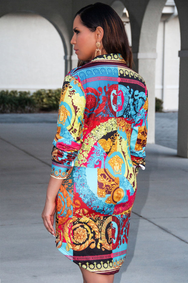 Maia Button Down Retro Print Colorful Long Sleeve Shirt Dress - MY SEXY STYLES