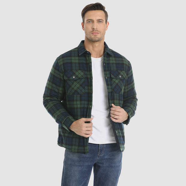 Men's Flannel Shirt Jacket Long Sleeve Quilted Lined Plaid Coat Button Down Thick Outwear for Winter