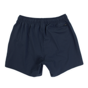 Stretch Swim 5.5" in solid Navy blue back with elastic waistband and back right zippered pocket