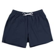 Stretch Swim 5.5" in Navy blue front with elastic waistband, white drawstring, and two inseam pockets