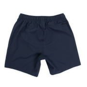 Stretch Swim 7" in solid Navy blue back with elastic waistband and back right zippered pocket