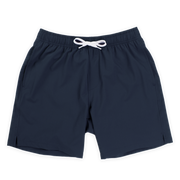 Stretch Swim 7" in Navy blue front with elastic waistband, white drawstring, and two inseam pockets