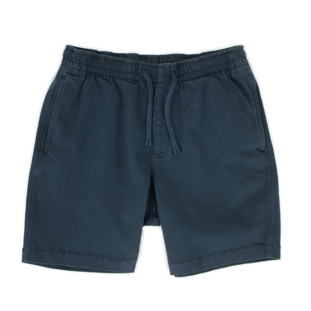 Alto Short 7" inseam in Navy front with elastic waistband, fabric drawstring, faux fly, and two front side seam pockets