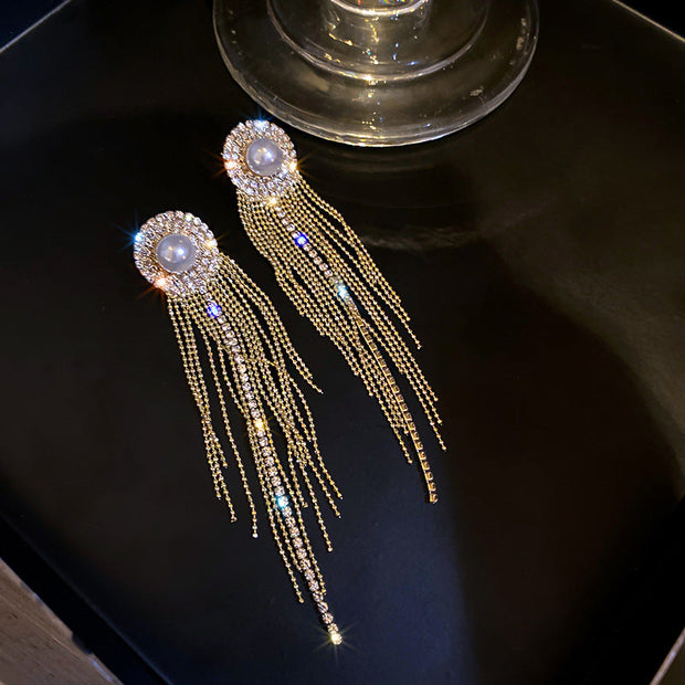 925 Silver Needle Pearl Inlaid Diamond Tassel Earrings