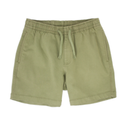 Alto Short 5.5" inseam in Olive front with elastic waistband, fabric drawstring, faux fly, and two front side seam pockets