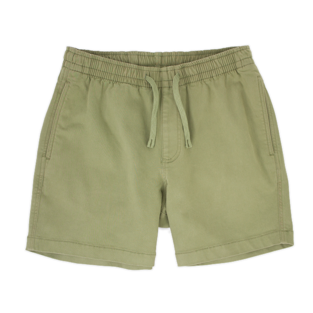 Alto Short 5.5" inseam in Olive front with elastic waistband, fabric drawstring, faux fly, and two front side seam pockets