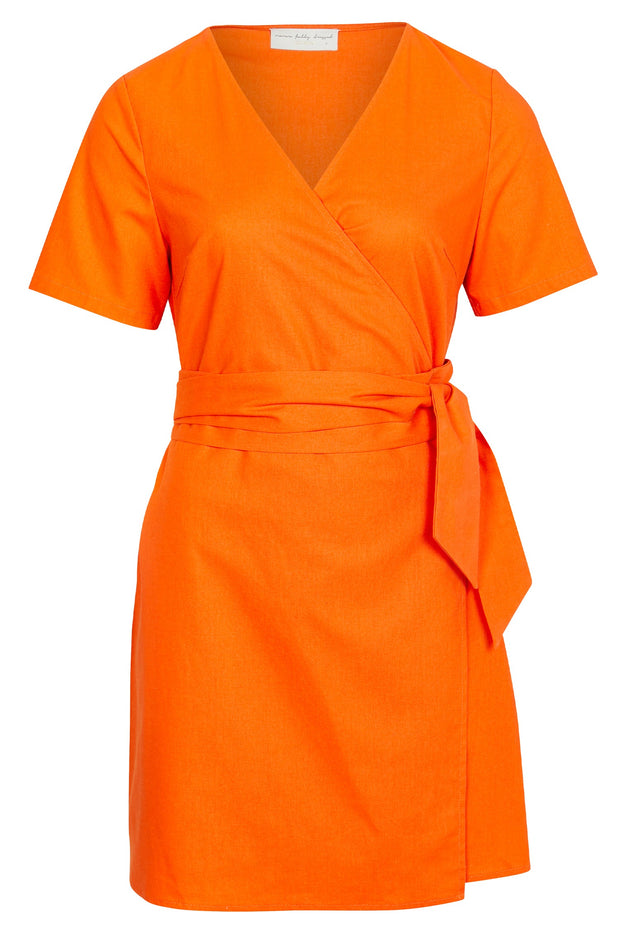 Orange Cotton Linen Mini Wrap Dress