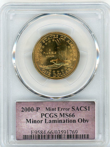 2000-P SAC $1 Gold MS66 PCGS Mint Error Minor Lamination Obverse T. Cleveland Bell