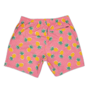 Stretch Swim 7" Pineapple Punch back with pink background and yellow pineapples and tiny white lines with an elastic waistband and back right zippered pocket