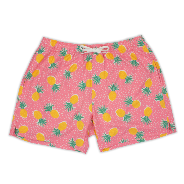 Stretch Swim 5.5" Pineapple Punch front with pink background and yellow pineapples and tiny white lines with an elastic waistband, two inseam pockets, and a white drawstring