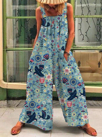 Women Vintage Flower and Bird Casual Sling Loose Jumpsuit