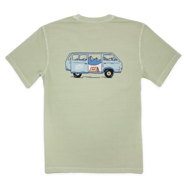 Back of Natural Dye Graphic Tee Roadtrip in sage green with blue van